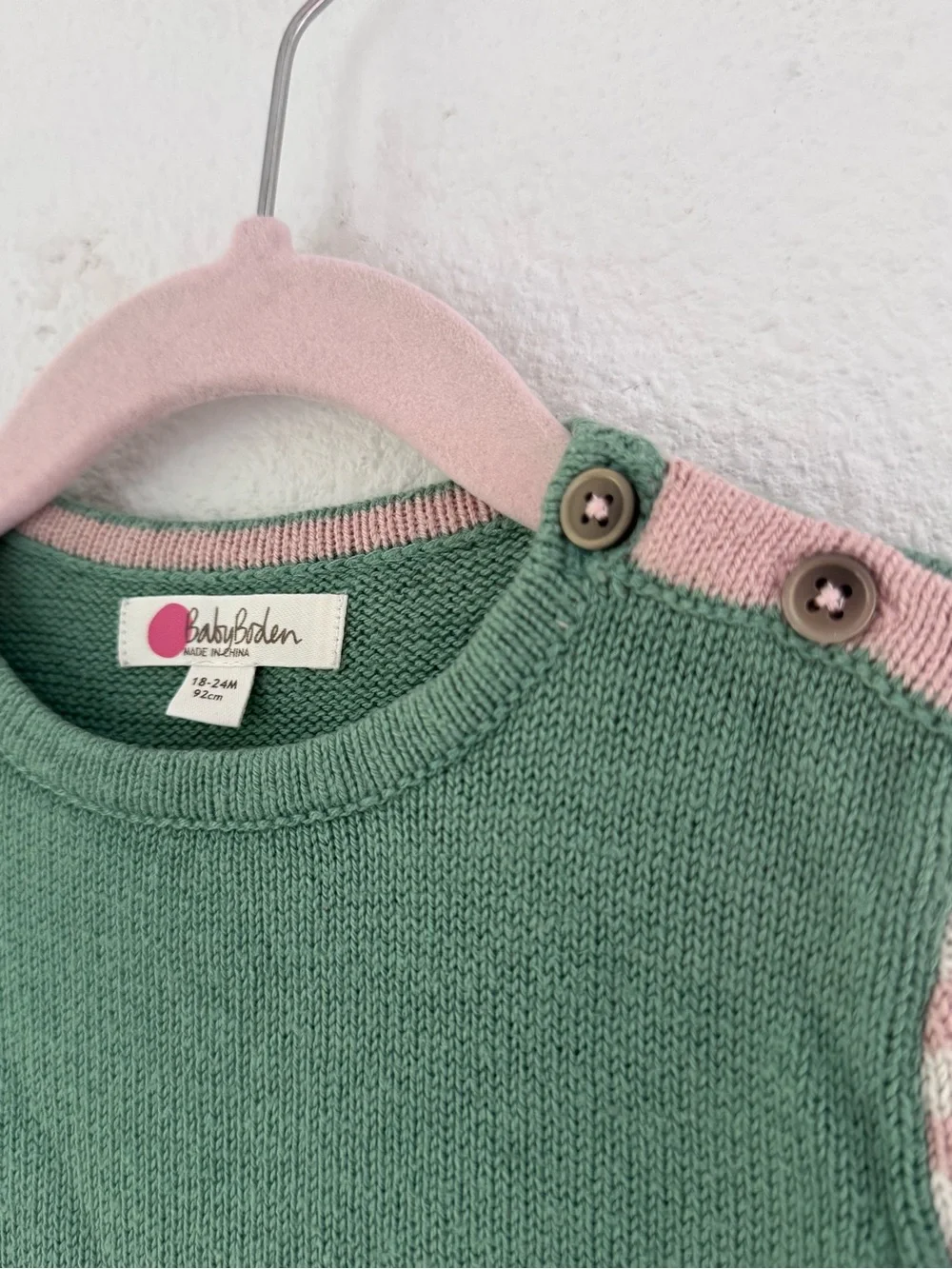 Baby Boden Green Knit Dress with Pink Stripe Sleeves